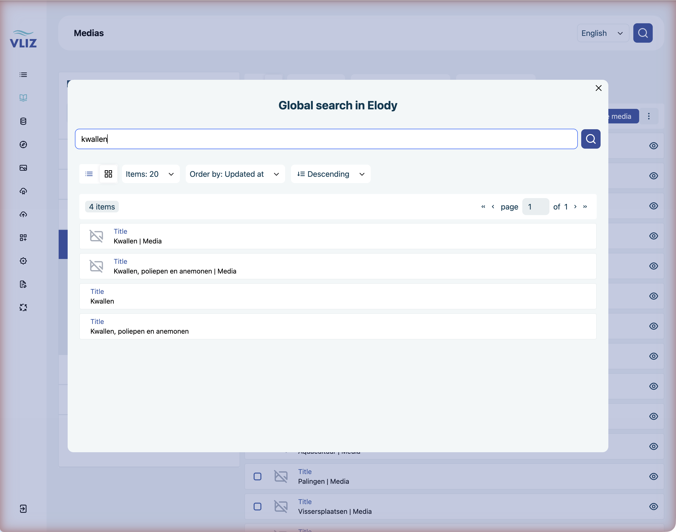 The global search dialog with results for "kwallen": two media and two albums