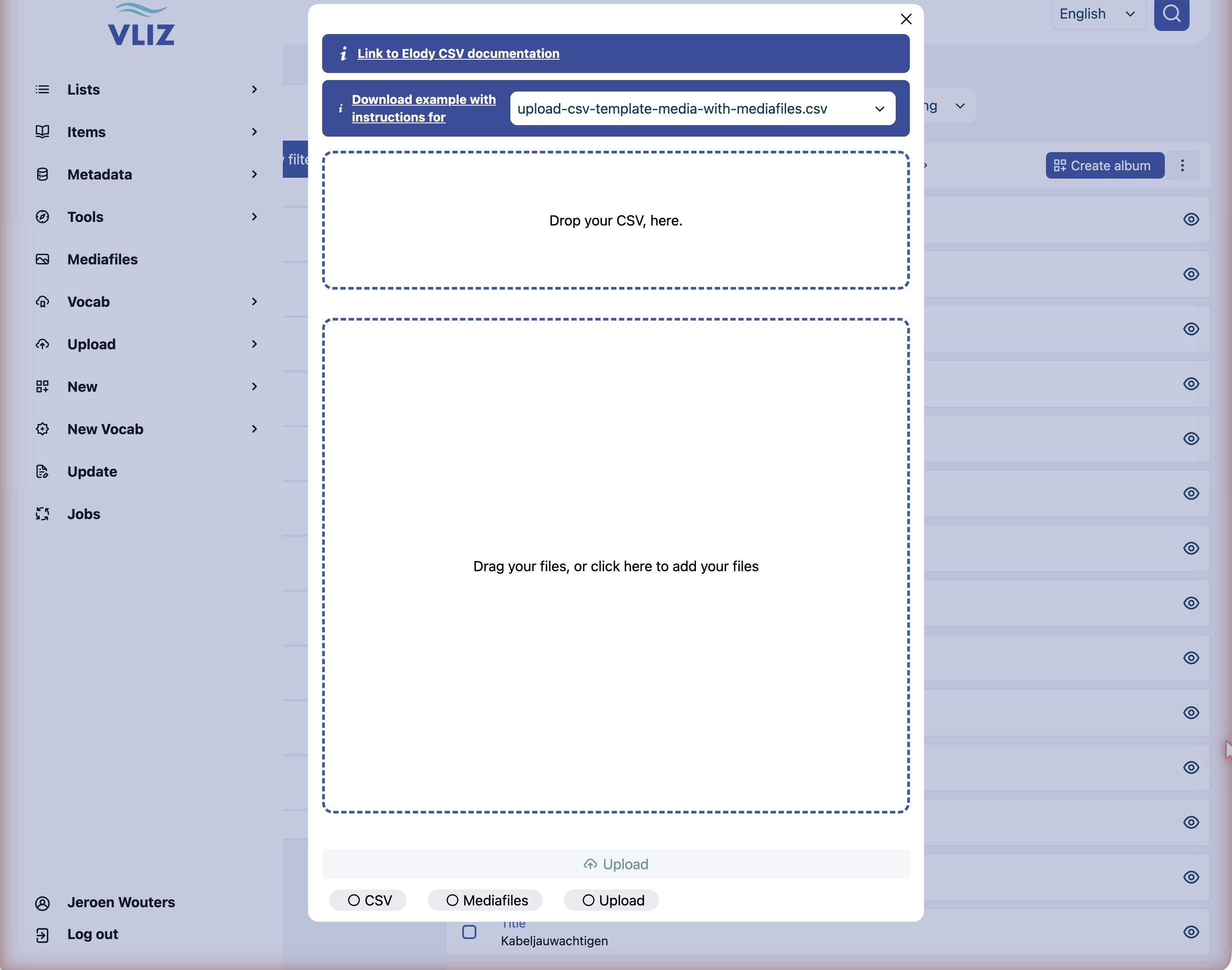 The upload form: link to the CSV documentation, the template-download dropdown, the CSV drop zone, the file drop zone, the Upload button and the Validate/Prepare/Upload steps
